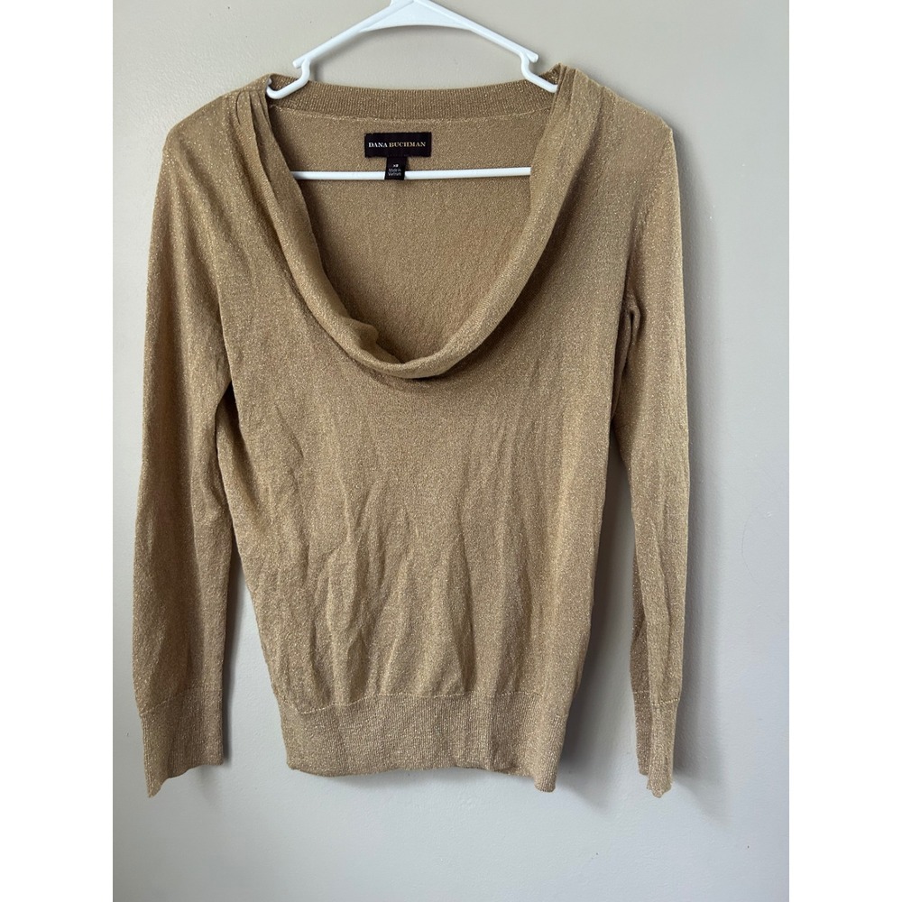 Y2K Dana Buchman Gold Sparkle Cowl Neck Long Sleeve Sweater Top XS Glam‎ Holiday